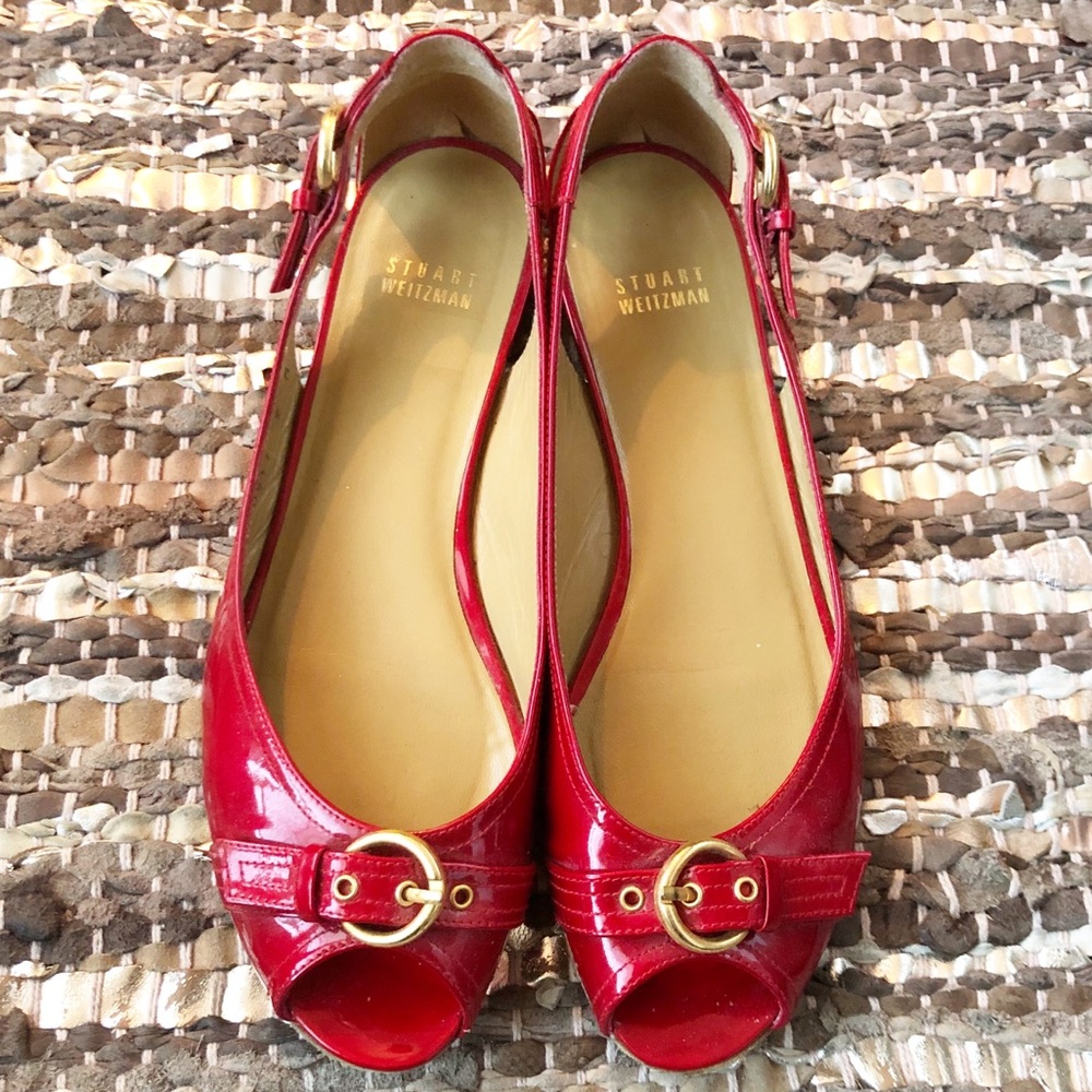 Stuart Weizmann: red patent peep toe sandals